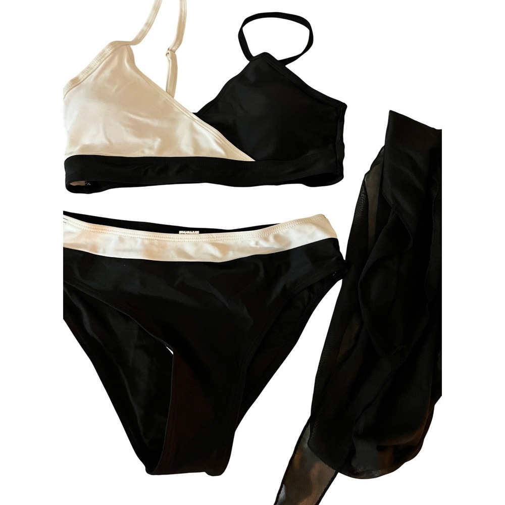 Black and White Colorblock Swimsuit with Sheer Cover‎ Up - Size 13-14Y